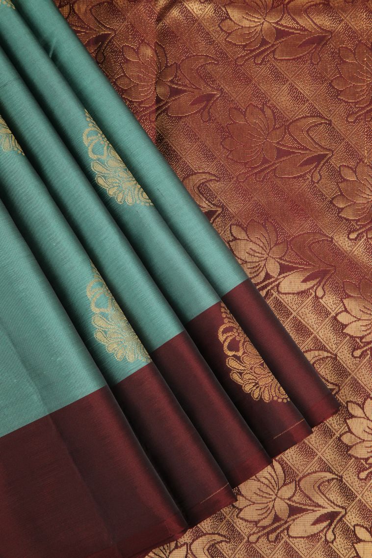 Pistachio Green Soft Silk Saree Copper Zari with Floral Patterns