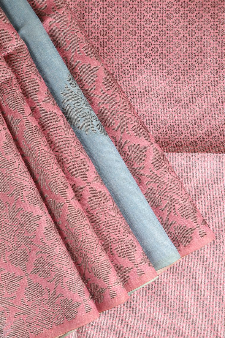 Salmon Pink Semi Tussar Silk with Antic Zari Floral Patterns