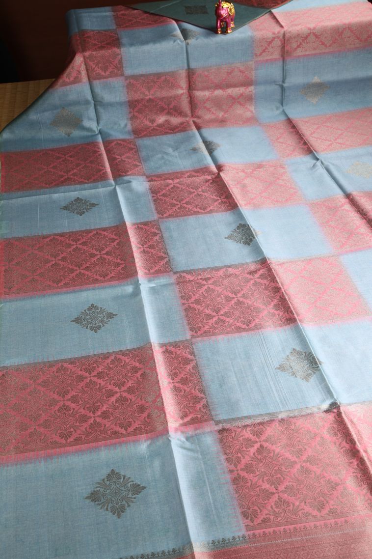 Salmon Pink Semi Tussar Silk with Antic Zari Floral Patterns view 2