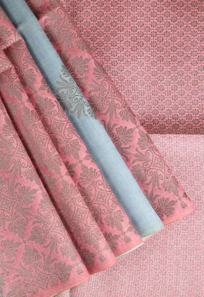 Salmon Pink Semi Tussar Silk with Antic Zari Floral Patterns