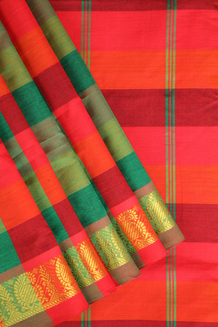 Fern Green Poly Cotton Sarees Gold Zari with Checks view 1