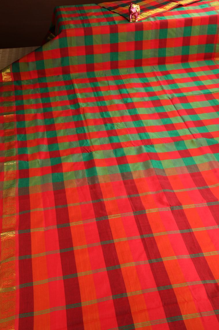 Fern Green Poly Cotton Sarees Gold Zari with Checks view 2