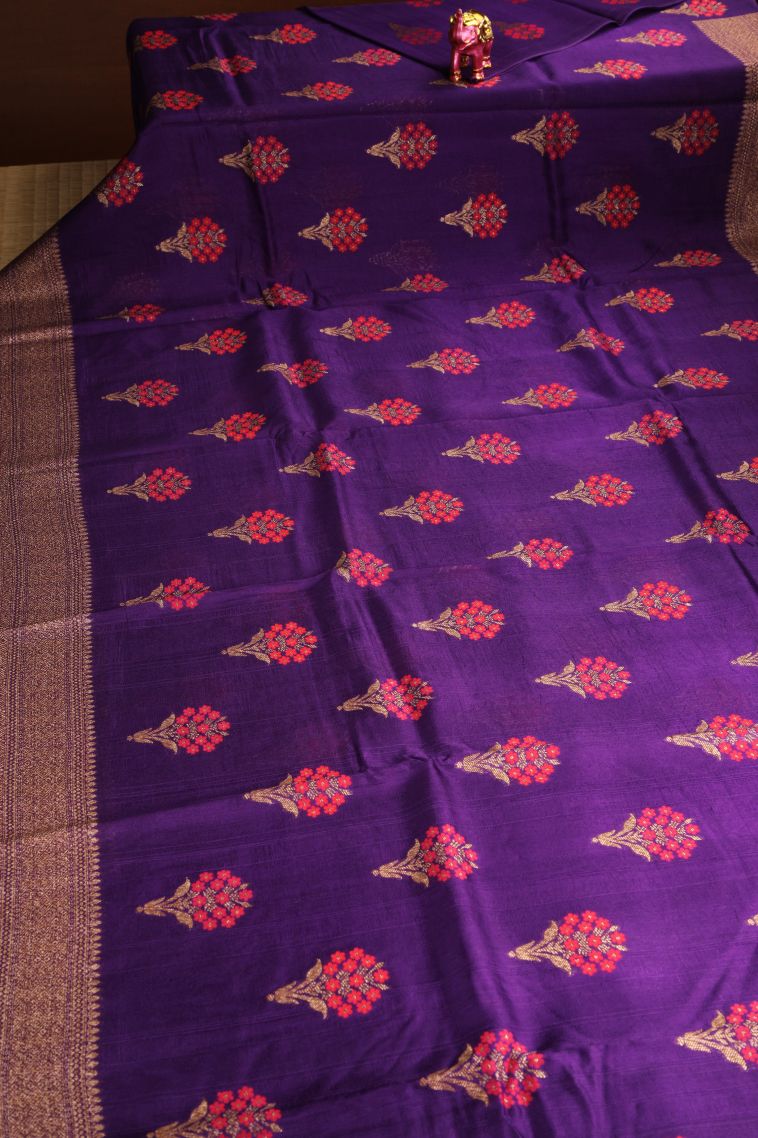Viola Purple Banaras Sarees with Copper Zari Floral Patterns view 2
