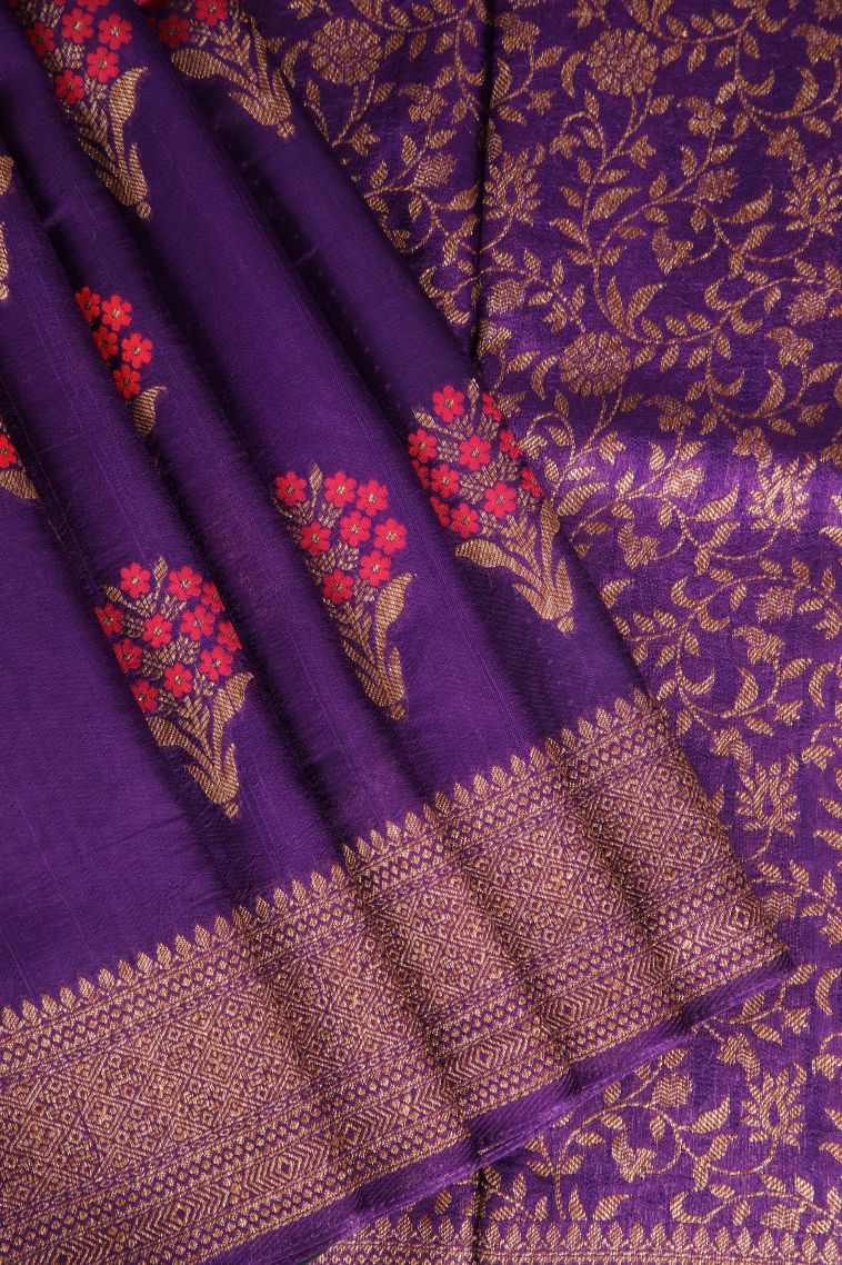 Viola Purple Banaras Sarees with Copper Zari Floral Patterns view 1