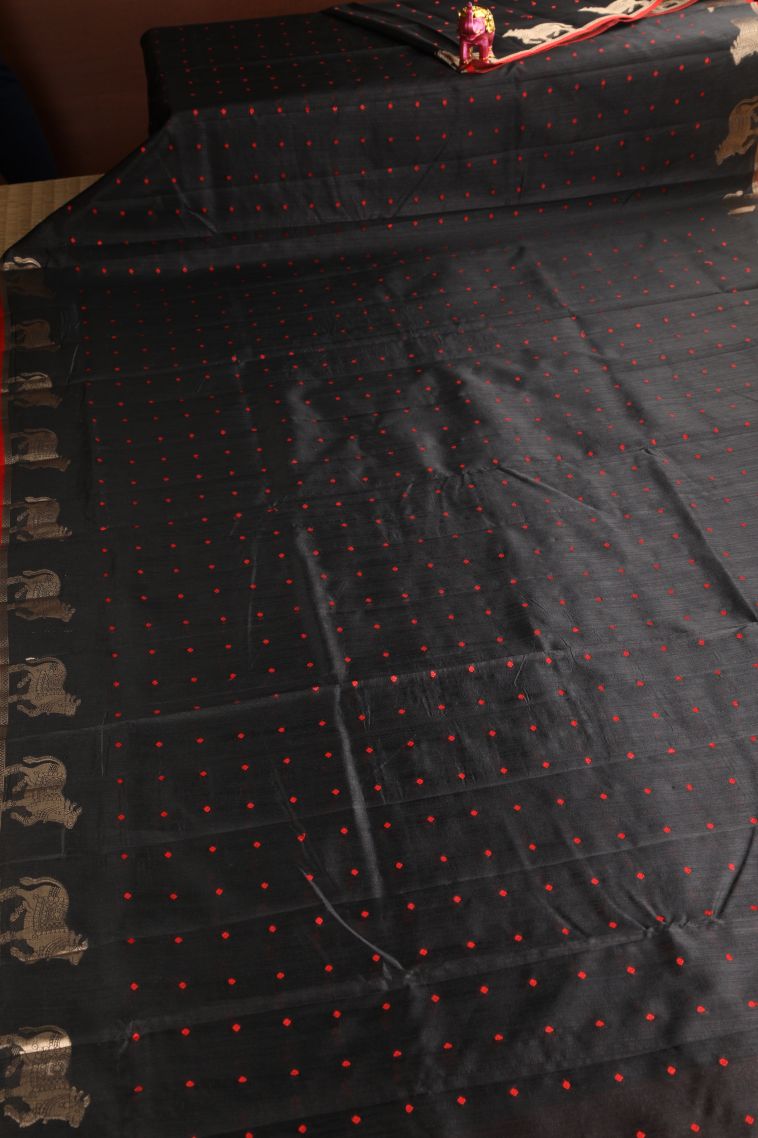 Charleston Black Semi Tussar Silk with Silver Zari Buttis (small Dots Or Motifs) view 2