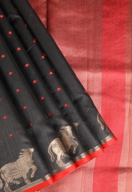 Charleston Black Semi Tussar Silk with Silver Zari Buttis (small Dots Or Motifs)