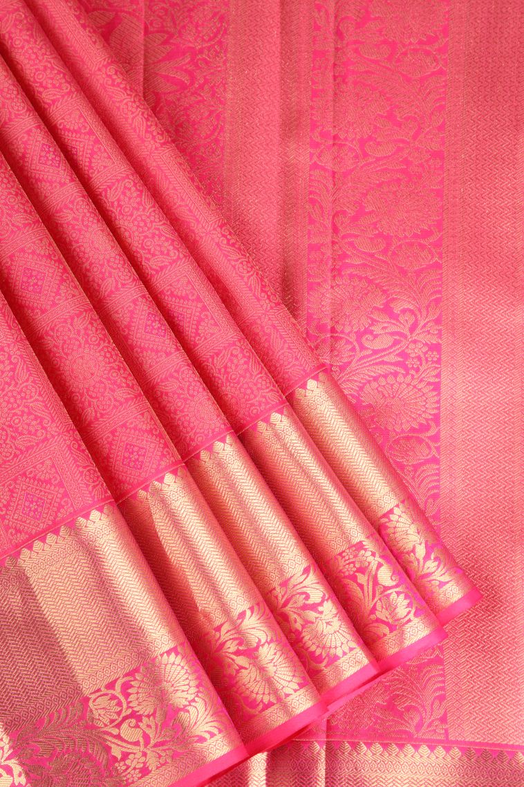 Bubblegum Pink Kanchipuram Silk Sarees with Gold Zari Floral Patterns view 1