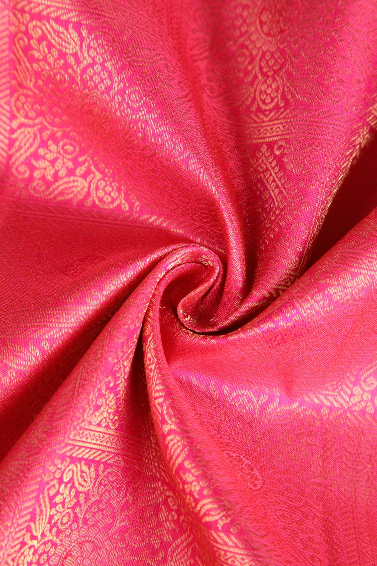 Bubblegum Pink Kanchipuram Silk Sarees with Gold Zari Floral Patterns view 4