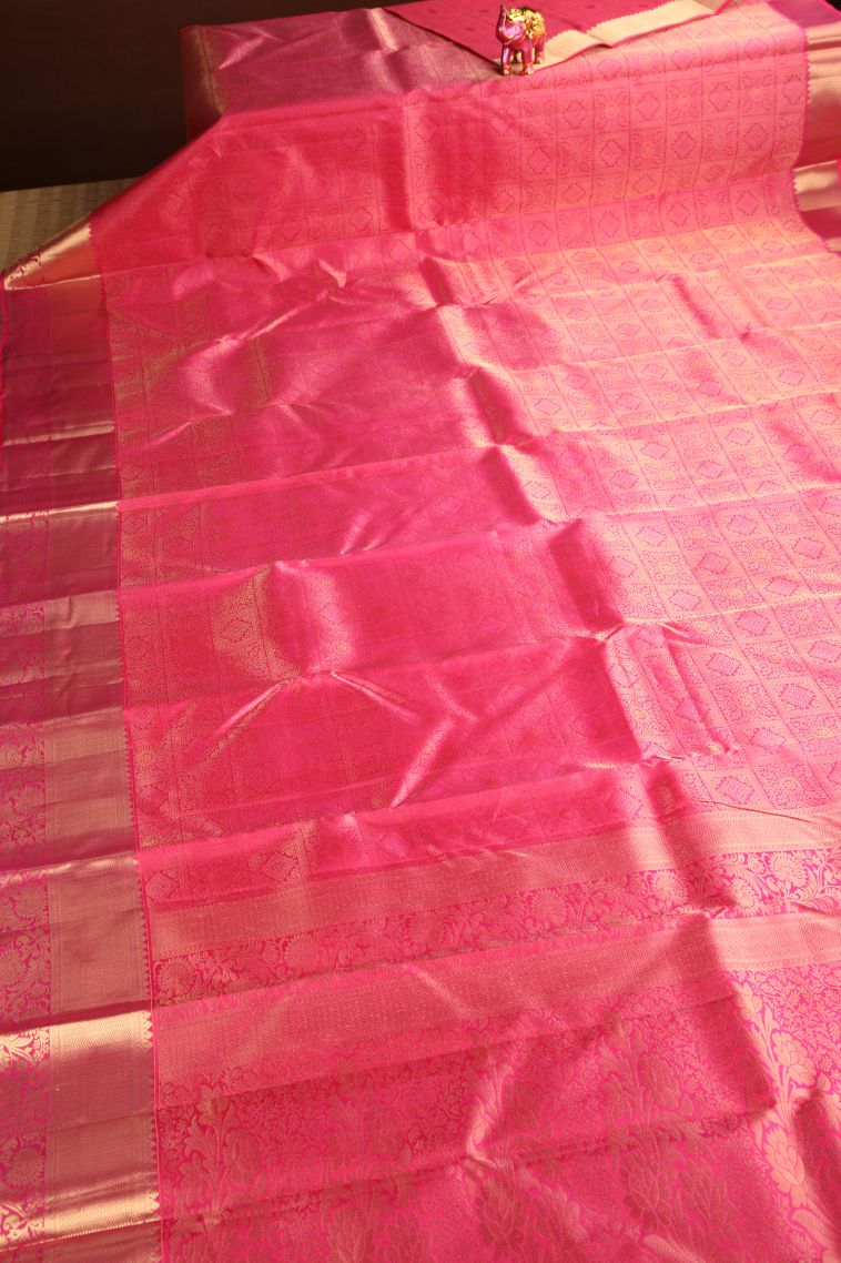 Bubblegum Pink Kanchipuram Silk Sarees with Gold Zari Floral Patterns view 2
