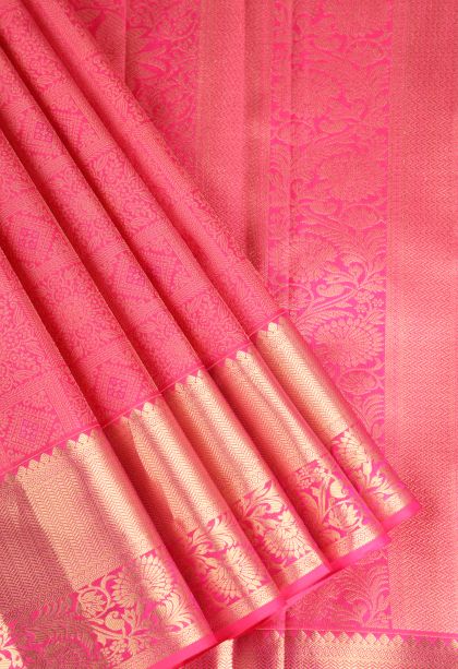 Bubblegum Pink Kanchipuram Silk Sarees with Gold Zari Floral Patterns