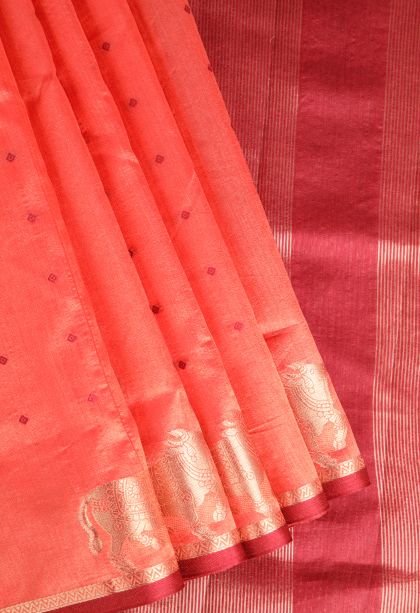 Coral Pink Semi Tussar Silk with Gold Zari Buttis (small Dots Or Motifs)