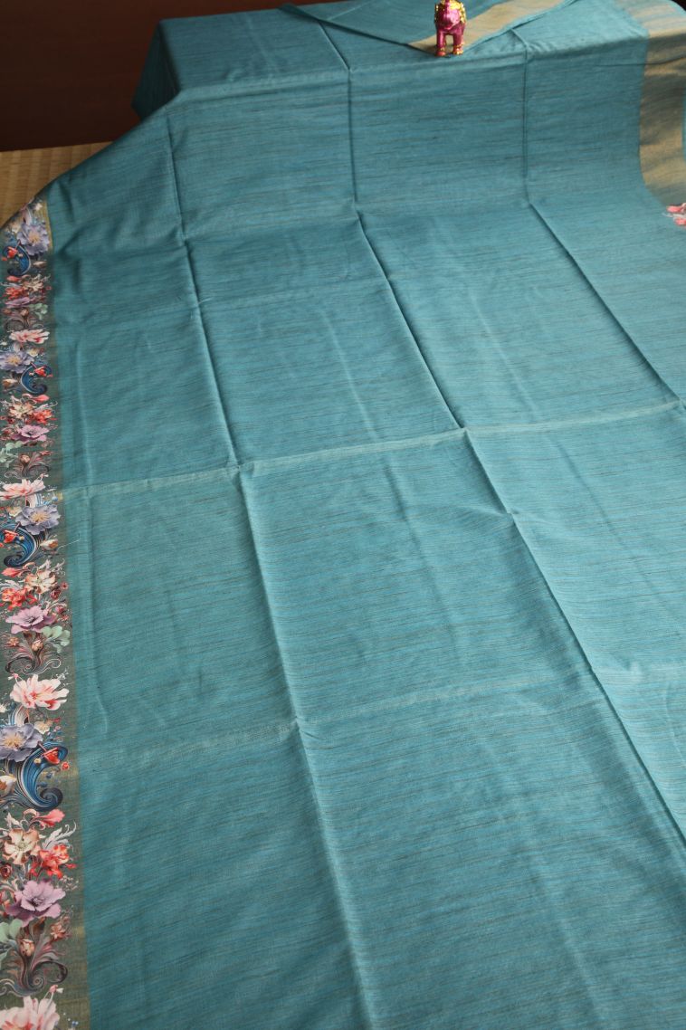 Ocean Blue Jute Sarees with Gold Zari Plain view 2