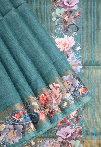Ocean Blue Jute Sarees with Gold Zari Plain