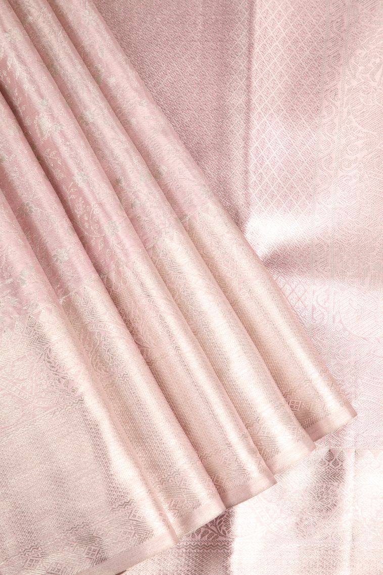Lemonade Pink Kanchipuram Silk Sarees with Silver Zari Floral Patterns view 1