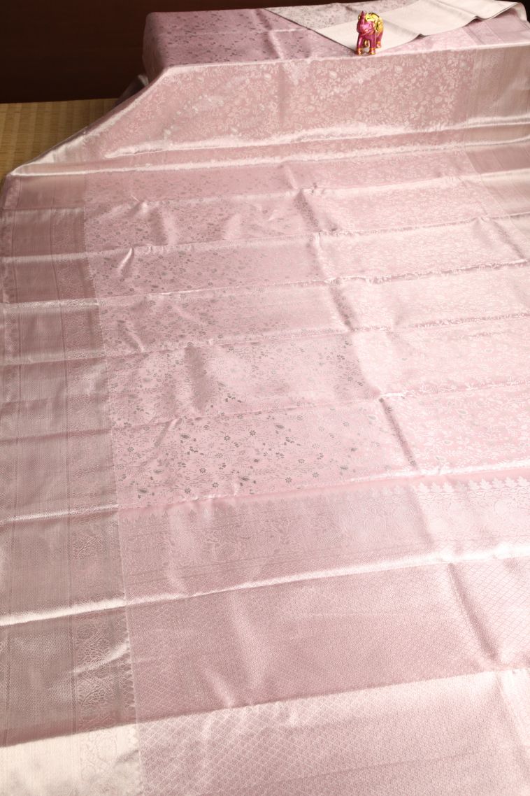 Lemonade Pink Kanchipuram Silk Sarees with Silver Zari Floral Patterns view 2