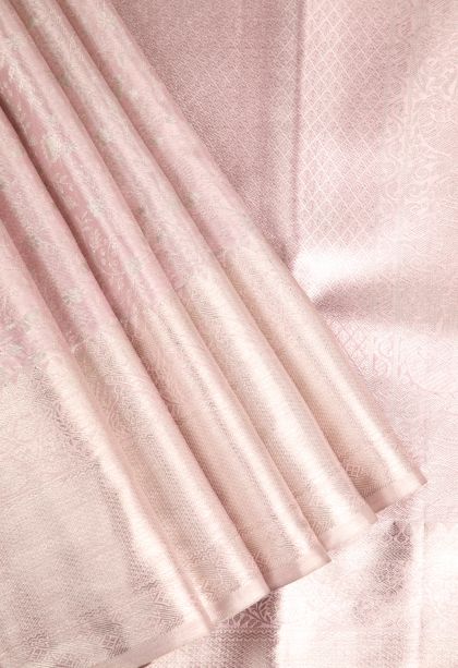 Lemonade Pink Kanchipuram Silk Sarees with Silver Zari Floral Patterns