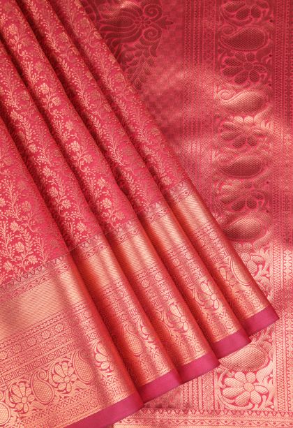 Dawn Red Apoorva Silk Sarees Copper Zari with Floral Patterns