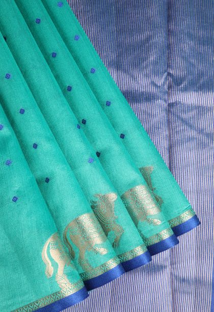 Mint Green Semi Tussar Silk with Gold Zari Buttis (small Dots Or Motifs)