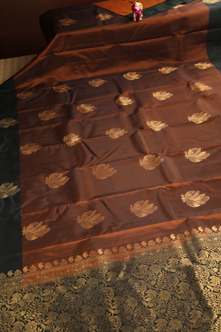 Rust Orange Soft Silk Saree Gold Zari with Leaf Pattern view 2