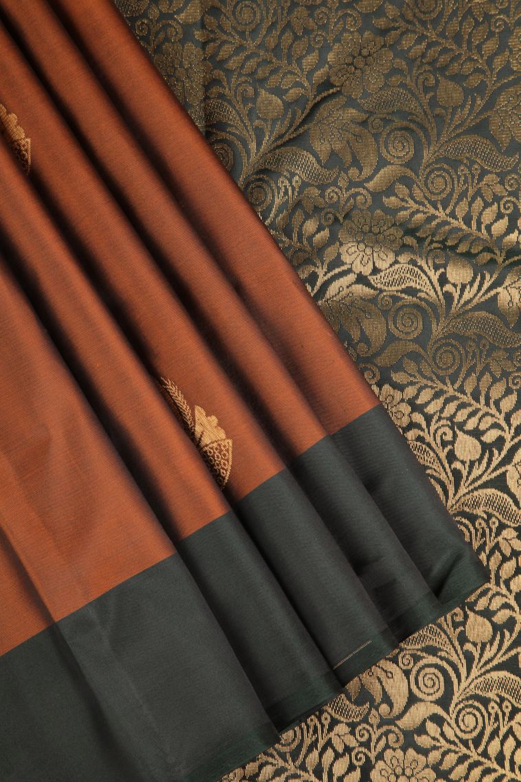 Rust Orange Soft Silk Saree Gold Zari with Leaf Pattern