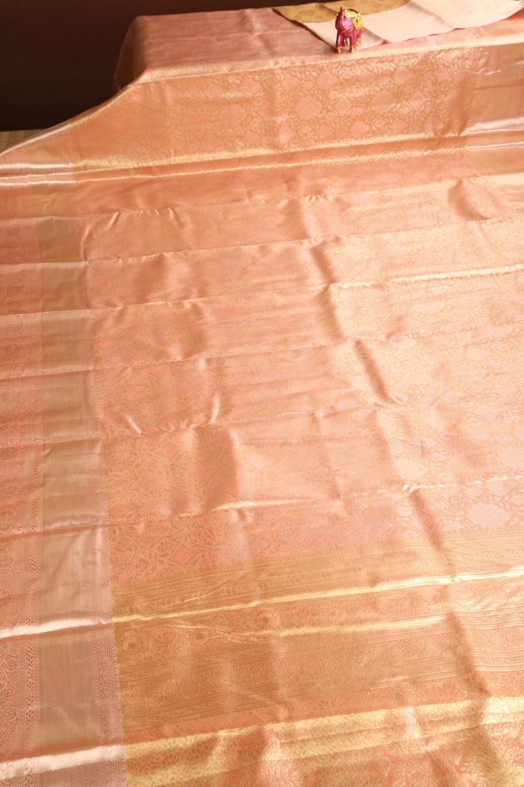 Cantaloupe Orange Apoorva Silk Sarees with Gold And Silver Zari Floral Patterns view 2