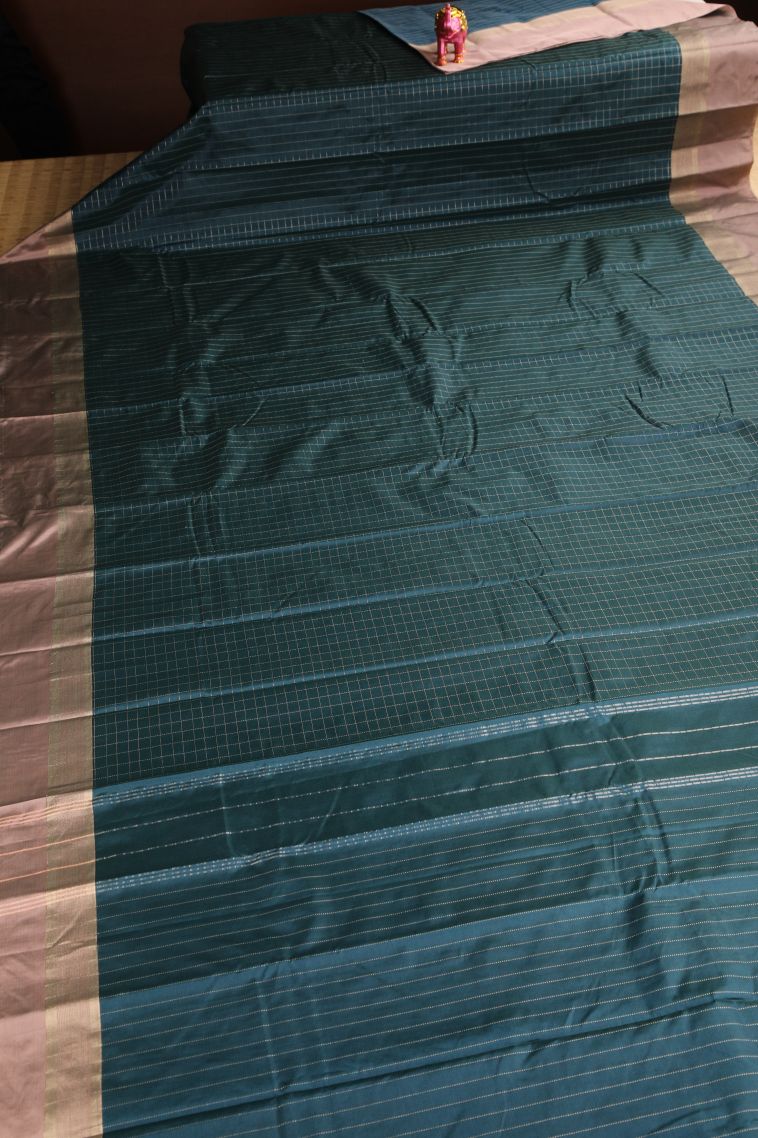 Ocean Blue Arani Silk Sarees Gold And Silver Zari with Checks view 2