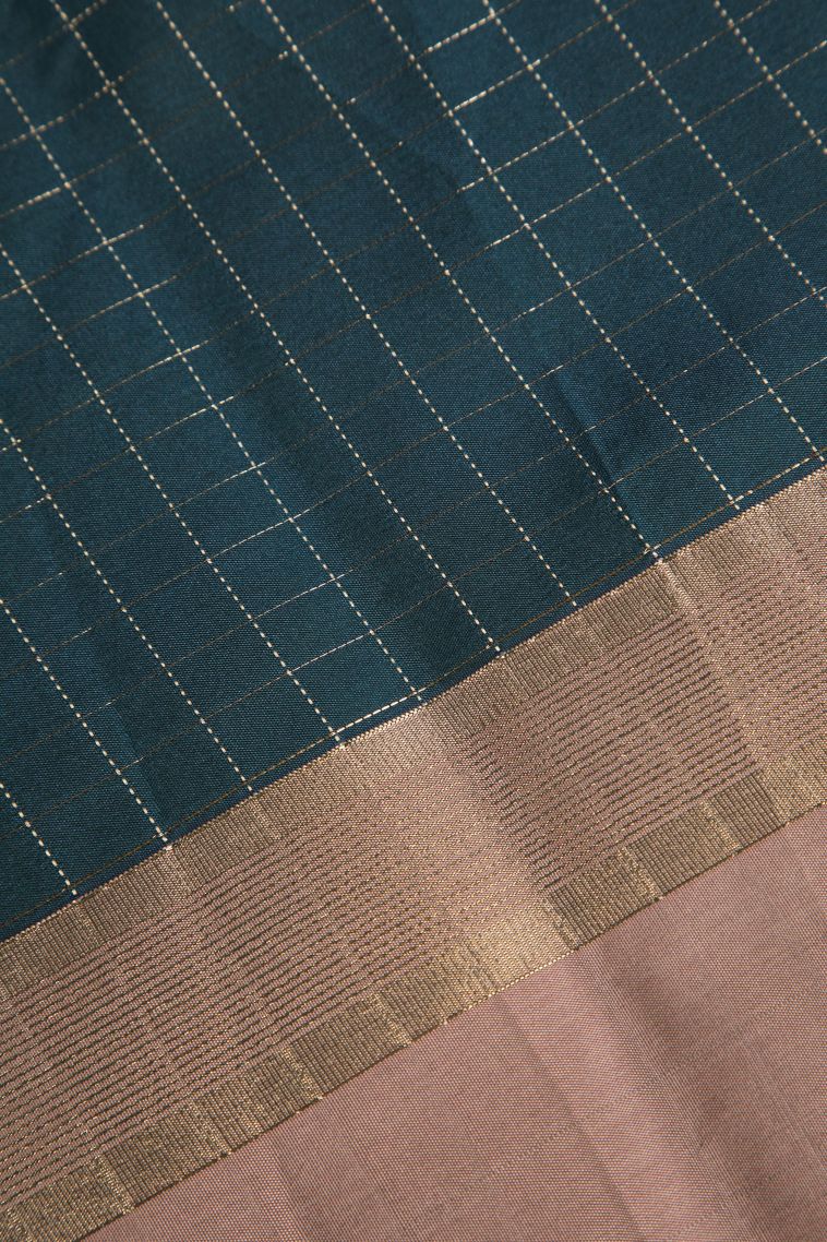 Ocean Blue Arani Silk Sarees Gold And Silver Zari with Checks view 3