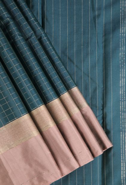 Ocean Blue Arani Silk Sarees Gold And Silver Zari with Checks