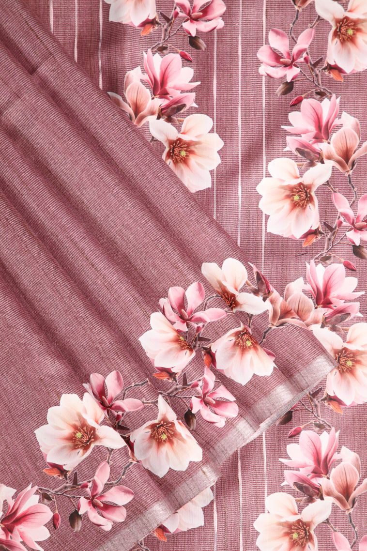 Rosewood Pink Jute Sarees with Silver Zari Plain view 1