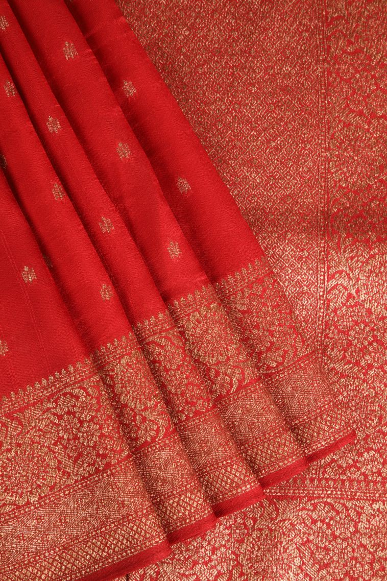 Candy Red Banaras Sarees Antic Zari with Floral Puttas view 1