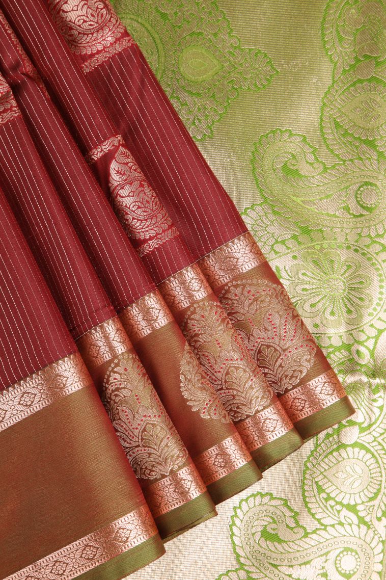 Cherry  Red Apoorva Silk Sarees with Copper Zari Stripes view 1