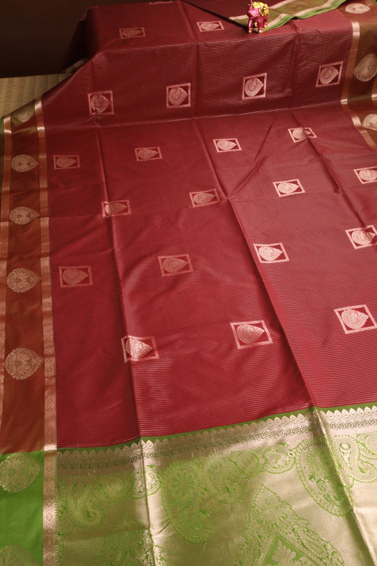 Cherry  Red Apoorva Silk Sarees with Copper Zari Stripes view 2
