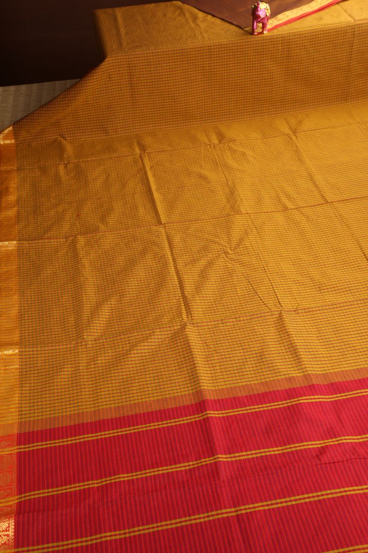 Biscotti Yellow Poly Cotton Sarees Gold Zari with Checks view 2