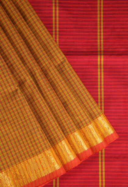 Biscotti Yellow Poly Cotton Sarees Gold Zari with Checks