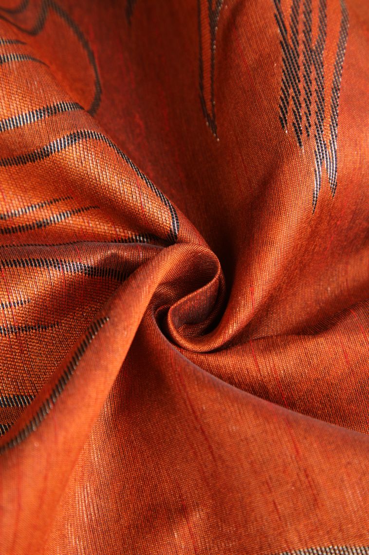 Carrot Orange Jute Sarees with Silver Zari Leaf Pattern view 4