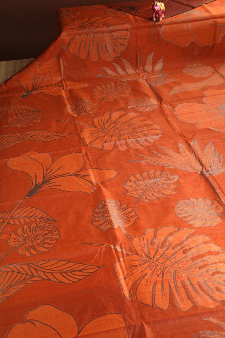 Carrot Orange Jute Sarees with Silver Zari Leaf Pattern view 2