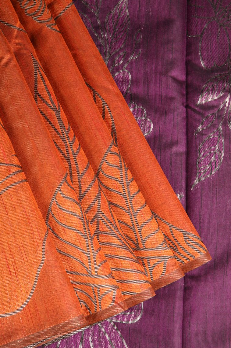 Carrot Orange Jute Sarees with Silver Zari Leaf Pattern view 1
