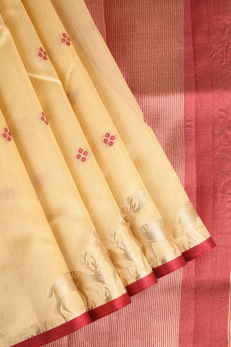 Beige Yellow Semi Tussar Silk with Gold Zari Buttis (small Dots Or Motifs) view 1