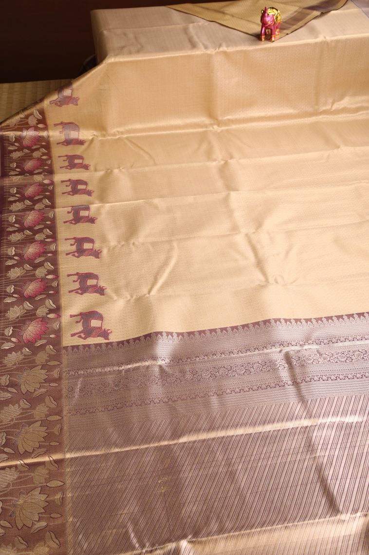 Sepia Yellow Apoorva Silk Sarees with Gold And Silver Zari Buttis (small Dots Or Motifs) view 2