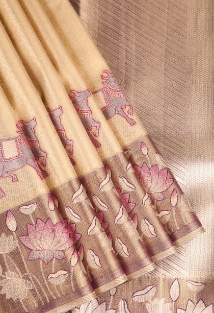 Sepia Yellow Apoorva Silk Sarees with Gold And Silver Zari Buttis (small Dots Or Motifs)