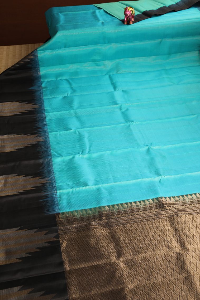Arctic Blue Soft Silk Saree with Gold And Silver Zari Cross Straipes view 2