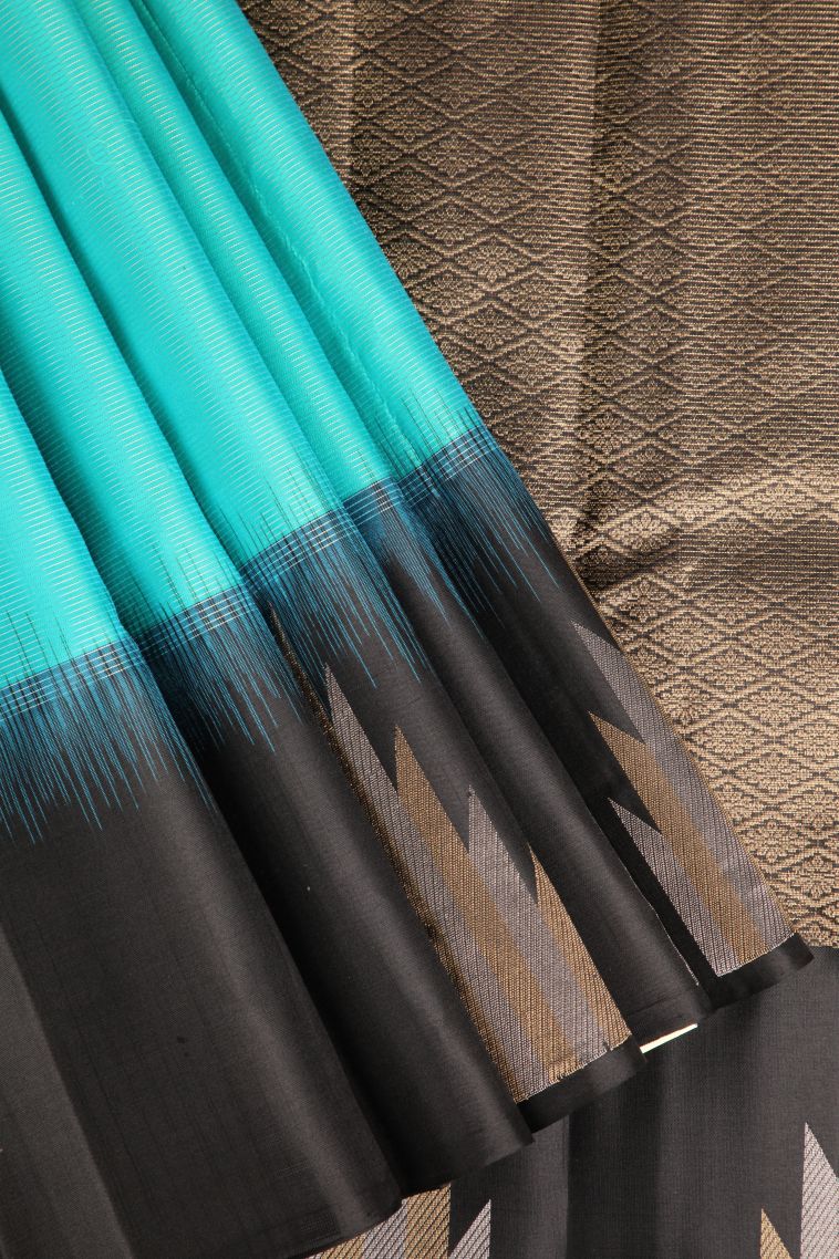 Arctic Blue Soft Silk Saree with Gold And Silver Zari Cross Straipes view 1