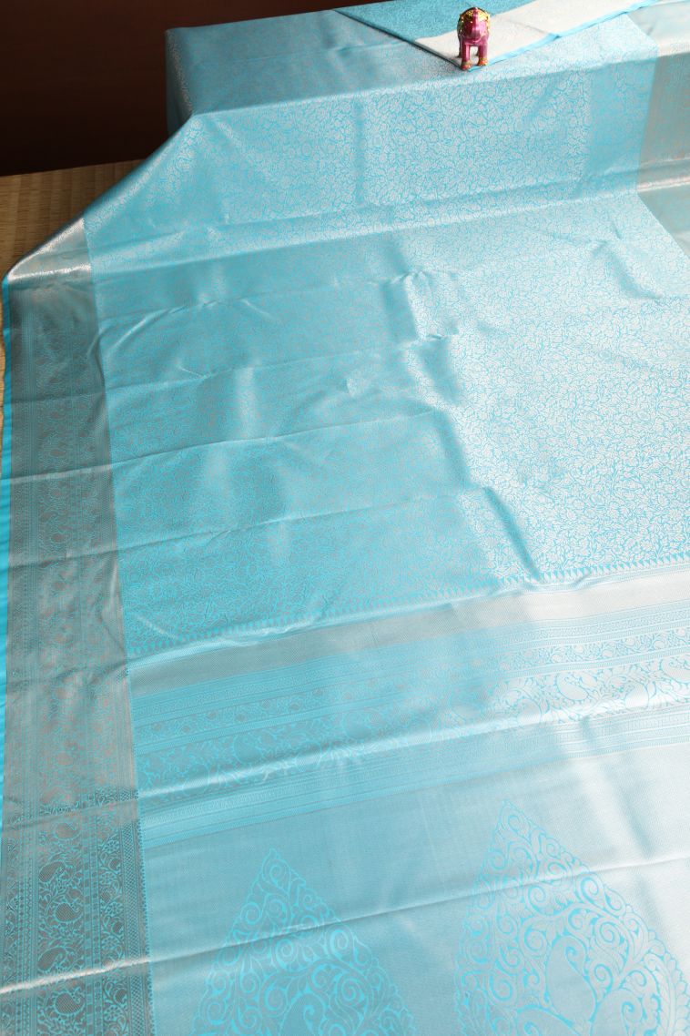 Arctic Blue Apoorva Silk Sarees Silver Zari with Leaf Pattern view 2