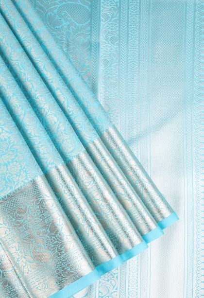 Arctic Blue Apoorva Silk Sarees Silver Zari with Leaf Pattern