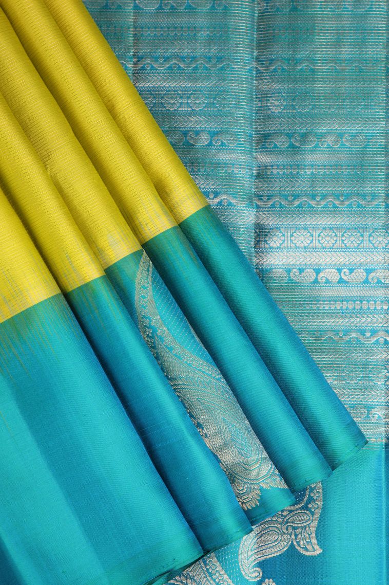 Lime Yellow Soft Silk Saree with Gold And Silver Zari Cross Straipes view 1