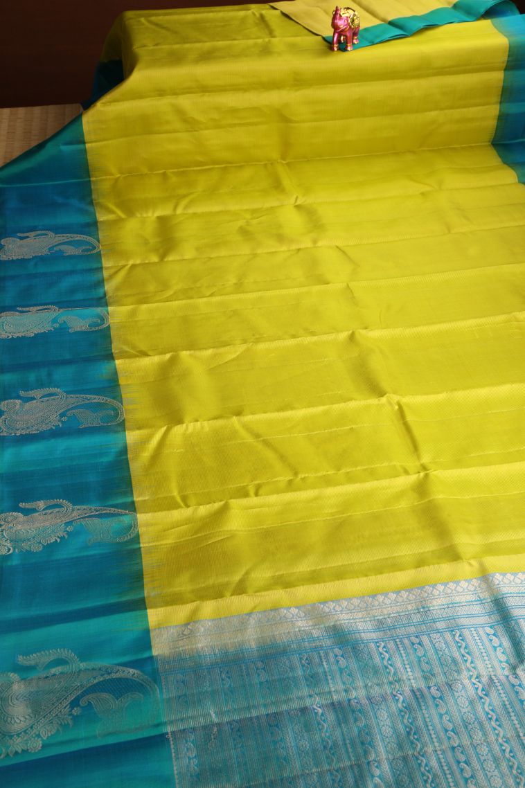Lime Yellow Soft Silk Saree with Gold And Silver Zari Cross Straipes view 2