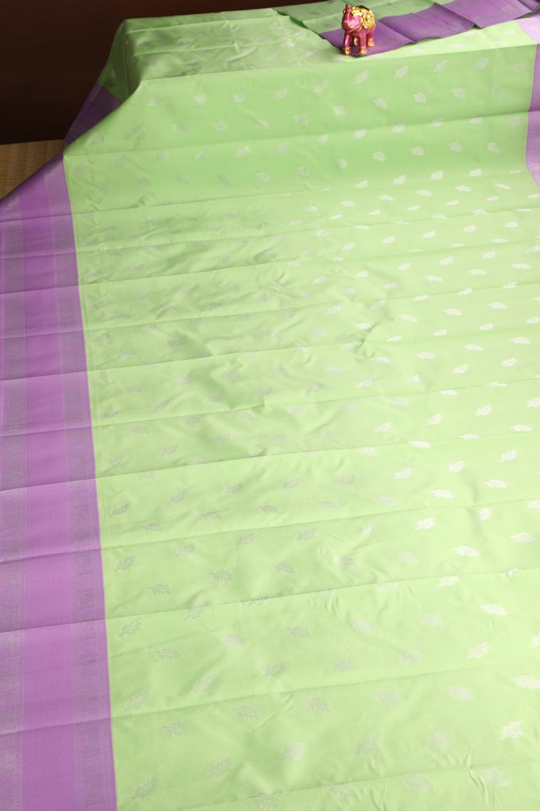 Lime Green Visiri Madippu Silk Sarees with Silver Zari Leaf Pattern view 2