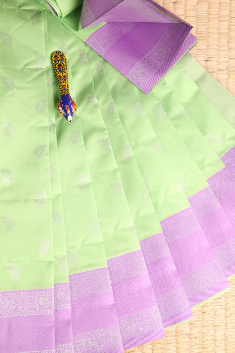 Lime Green Visiri Madippu Silk Sarees with Silver Zari Leaf Pattern view 1