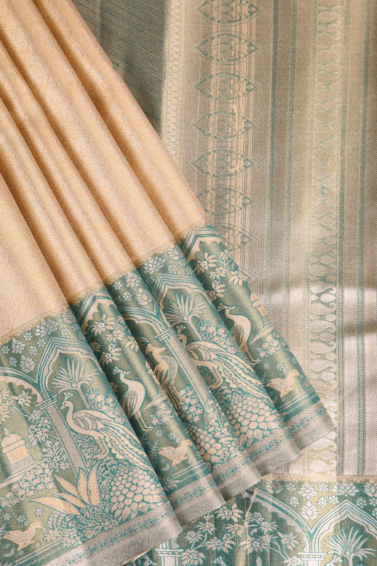 Sepia Yellow Apoorva Silk Sarees with Gold And Silver Zari Floral Puttas view 1