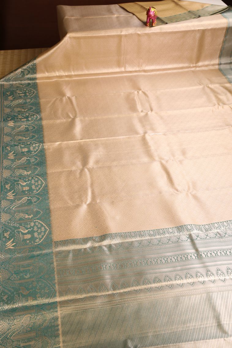 Sepia Yellow Apoorva Silk Sarees with Gold And Silver Zari Floral Puttas view 2